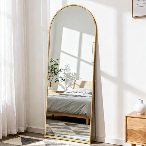 DUMOS Arched Full Length Mirror with Stand Floor Standing Aluminum Frame for Bedroom Body Hanging Leaning Modern Simple Home Decor Shatter-Proorf Nano Glass Wall Living Room Cloakroom Gold 56"x15" 6