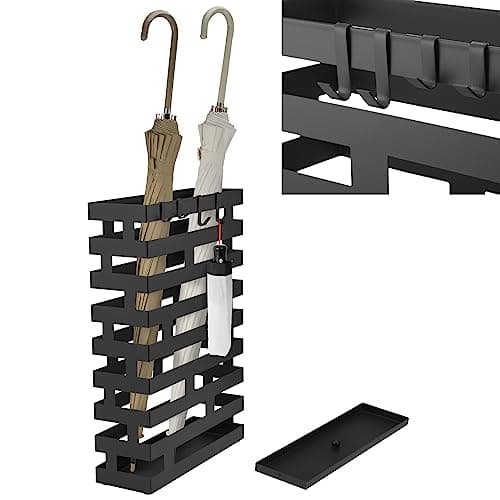 Tudomro Umbrella Stands for Entryway Large Metal Umbrella Holder 3.94 x 11.81 x 16.93 Inches with Removable Water Tray and Hooks Decor Freestanding Rectangular Hollow Rack for Home Office (Black)