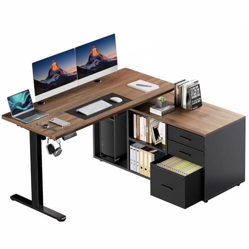 HUANUO L Shaped Standing Desk, Electric Executive Desk with Drawers, Adjustable Height Stand Up Desk, 55″ x 23.6″ One-Whole Piece Desktop, Home Office Computer Desk with 4 Memory Presets, Walnut