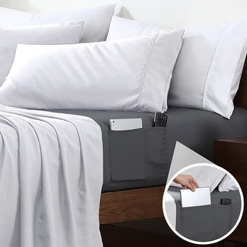 Cathay Home Full Double-Sided Organizer Pocket Fitted Smart Sheet - Double Brushed Ultra Soft – Wrinkle & Fade Resistant - 14" Deep Pocket Fitted Sheet Only (Full, Grey)