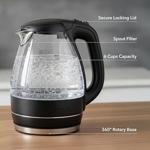 OVENTE Electric Kettle, 1.5L Borosilicate Glass Countertop Water Heater and Boiler for Coffee or Tea, BPA-Free, Auto Shut-Off, Boil-Dry Protection, Removable and Washable Spout Filter, Black KG83B 5