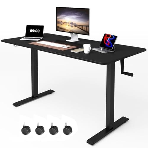 Whole Piece Manual Standing Desk Adjustable Height with Lockable Casters- Hand Crank Stand up Desk with Wheels, Mobile Sit to Stand Workstation with Handle