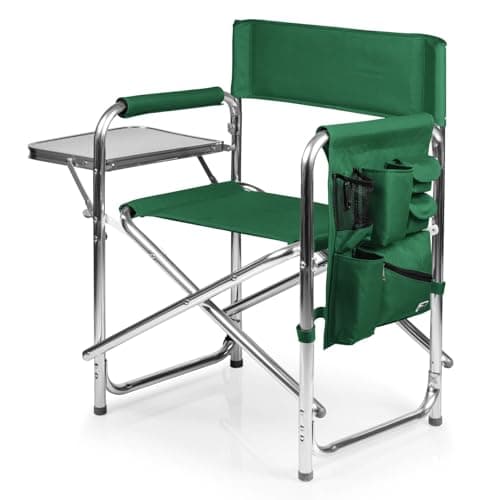 PICNIC TIME Sports Chair with Side Table and Armrest Caddy, Lightweight Aluminum Folding Outdoor Camping Chair for Adults, Portable Director Style Lawn Seating with Pockets & Strap, (Hunter Green)