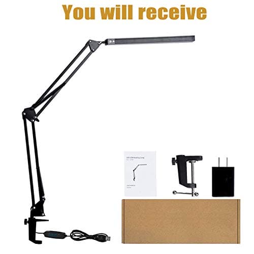 Argind LED Desk Lamp, Adjustable Swing Arm Lamp with Clamp, Eye-Caring Reading Desk Light, 10 Brightness Levels, 3 Lighting Modes, Memory Function Desk Lamps for Home Office with Adapter (Black) 7