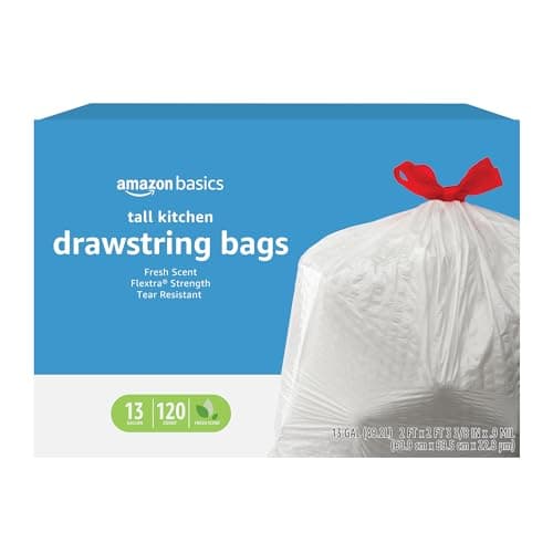 Amazon Basics Flextra Strength Tall Kitchen Drawstring Trash Bags, Fresh Scent, Tear Resistant, 13 Gallon, 120 Count
