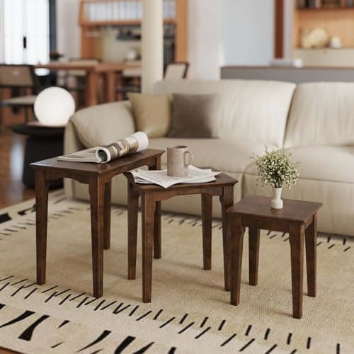 Kmax Nesting Tables Set of 3, Small Sofa Side Table Rustic Stacking End Table Rectangle Solid Wood Coffee Tables for Small Space - Walnut