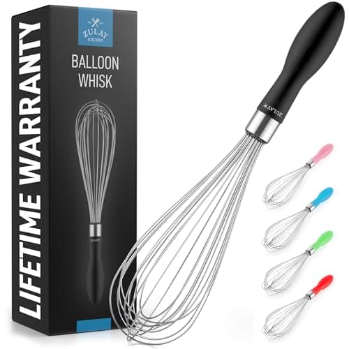 Zulay Kitchen Stainless Steel Balloon Whisk 11 Inch – Durable Wire Whisk with Soft Grip Silicone Handle – Versatile Kitchen Whisk for Blending, Beating, Frothing, Stirring & More - Black