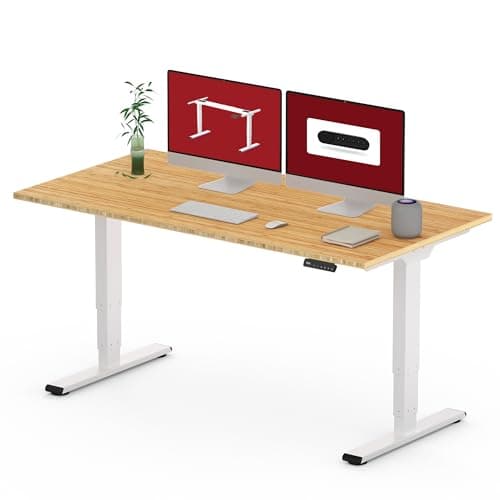 SANODESK 55 Inch 3 Stage Bamboo Electric Standing Desk, Dual Motor Height Adjustable Desk, Whole-Piece Desktop Sit to Stand Home Office Desk (White Frame/ 55” x 28” Natural Bamboo Top)