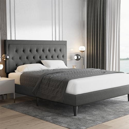 Allewie Queen Size Button Tufted/Fabric Upholstered Bed Frame with Adjustable Headboard/Wood Slat Support/Mattress Foundation/Dark Grey