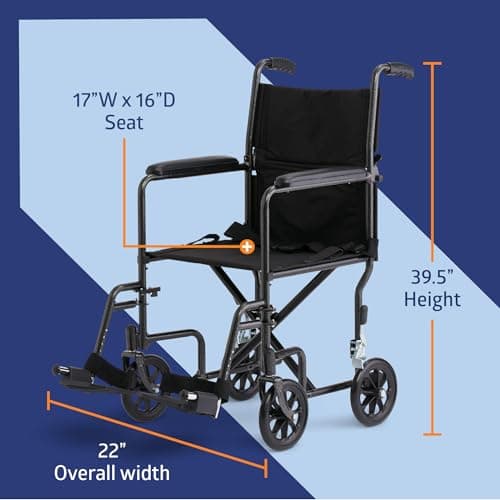 Medline Transport Wheelchair Lightweight Foldable for Adults, 17" Wide Seat Portable Transport Chair for Seniors, Swing-Away Footrests, 250 lb, Black 2