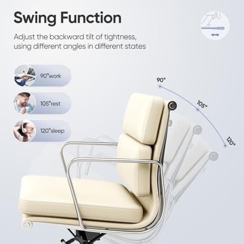 OTDMEL Mid-Back Executive Genuine Leather Office Chair, with Aluminum Arms and 5-Star Base, Modern Rolling Desk Chair with Silent Wheels, Lumbar Support, High-Adjustable, Tilting for Home & Office 5