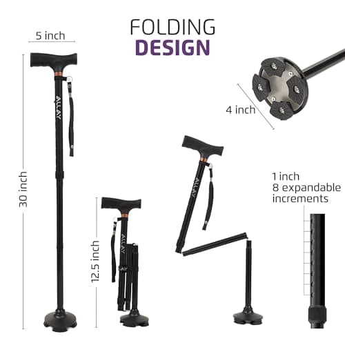 Allay Walking Cane for Men & Women - Foldable, Adjustable, Collapsible Walking Canes for Seniors Balance, Free Standing, Pivot Tip, Heavy Duty, with Travel Bag | Walking Sticks for Seniors - Black 7