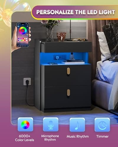 WLIVE Black LED Nighstand with Charging Station, Night Stand with Sliding Top and 2 Drawers, Modern Bedside Table End Tables with Hidden Space for Bedroom, Living Room, Black 2