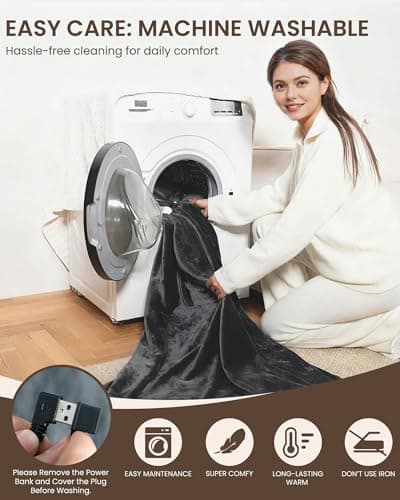 Cordless Heated Blanket with Hood, USB Battery Powered Heated Wearable Blanket with 9 Heating Zones, 20000 mAh Power Bank, 3 Levels, Portable Heated Throw Blanket, Heated Shawl (Warm Charcoal Gray) 7