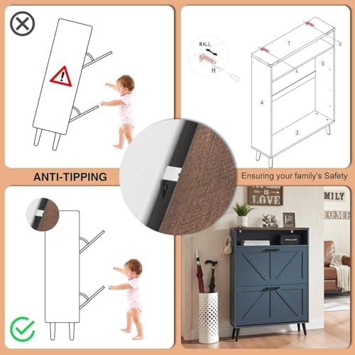 Barnyatoh Shoe Storage Cabinet,Farmhouse Shoe Organizer with 2 Flip Drawers & Barn Door Design,Freestanding Hidden Slim Narrow Shoe Rack Cabinet with Open Storage for Entryway, Foyer,Hallway,Navy Blue 8