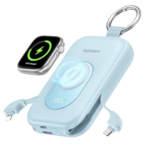 RORRY Portable Charger, 20000mAh PD 30W Portable Charger Power Bank with 2 Built-in Cables, Super Fast Charging Battery Pack with Keychain, Travel Essentials for iPhone, Apple Watch, iPad, Blue