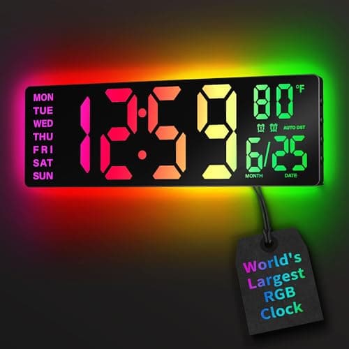 EASYERA 16.5" Large Digital Wall Clock with BT Sync, RGB Lights with 11 Scenes Mode Remote Control, Dual Alarms with Big LED Display, Auto DST, Temperature for Classroom Gaming