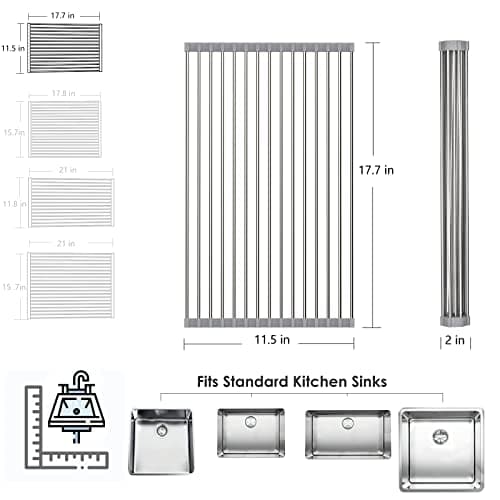Tomorotec Roll Up Dish Drying Rack, Over The Sink Dish Drying Rack, Portable Stainless Steel Rolling Rack Multipurpose Kitchen Drainer Caddy Organizer Storage Shelf Holder, Gray 7