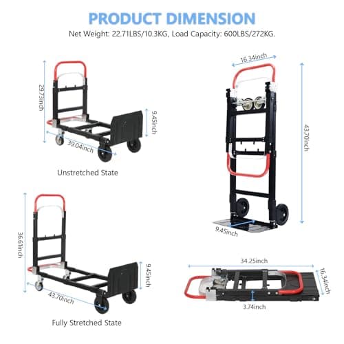 3 in 1 Convertible Hand Truck, Folding Hand Dolly Cart with Retractable Handle, 600LBS Heavy Duty Aluminum Hand Truck Dolly for Luggage, Shopping, Home, Office Moving 5