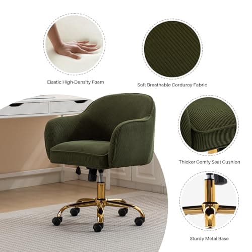 obmedin Home Office Desk Chair with Arms Gold Wheels Modern Velvet Upholstered Rolling Computer Chair Mid-Back Ergonomic Adjustable Swivel Vanity Chair for Bedroom Study Office, Green,Corduroy 6