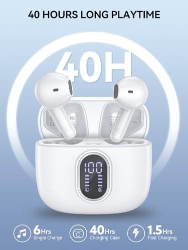 Wireless Earbuds Bluetooth 5.3 Headphones 42 Hrs Playtime with LED Display, Deep Bass Stereo and Noise Cancelling Bluetooth Ear Buds IPX7 Waterproof Wireless Ear Buds with Mic for iPhone Android White 6