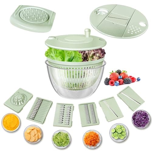 Airpro Salad Spinner Large, Vegetables Fruits Wash Bowl,Lettuce Spinner Pasta and Fries Dryer with 5 Blades,Egg Yolk Strainer Slicer Shredder for Kitchen Colander, 5.3 Qt, Green White