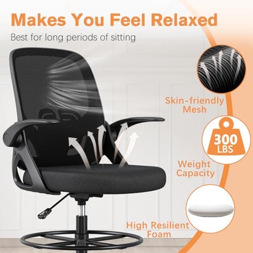 ORRSAKER Tall Drafting Chair with Lumbar Support and Footrest Ring, Supportive Tall Extended Height Ergonomic Desk Chair for Home Work, Breathable Mesh Office Chair with Flip up Arms(Black) 6