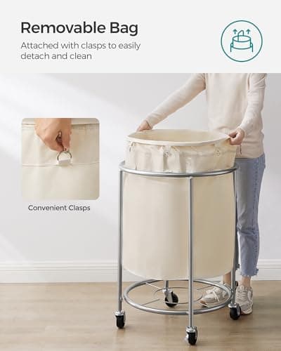 SONGMICS 50.2-Gallon (190 L) Laundry Basket with Wheels, Rolling Round Heavy-Duty Laundry Hamper Cart with Steel Frame and Removable Bag, 2 Locking Wheels, Cream White and Metallic Silver URLS01MZ 6