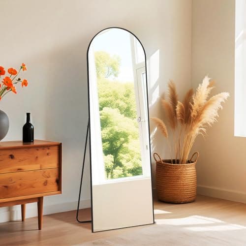 NEWBULIG Arched Full Length Mirror 59"x16" for Bedroom, Full Body Mirror with Stand, Hanging or Leaning for Wall, Aluminum Alloy Thin Frame Floor Standing for Living Room, Tall, Black
