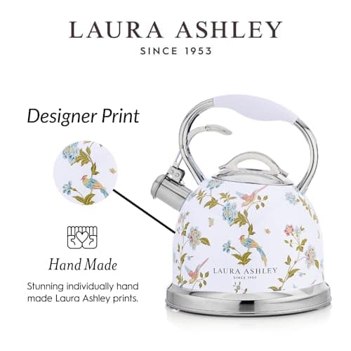 VQ Laura Ashley Elveden White 3L Stainless Steel Tea Kettle Stovetop Whistling Teapot for Induction, Gas Hob or others. Silicon Coated Cool Handle & Push Button Mechanism Vintage Stove Top Kettle 3