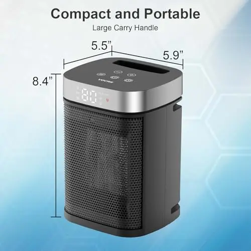 Small Portable Space Heater for Indoor Use - VOCRS 1500W PTC Electric Heater with Thermostat, Remote Control, 12H Timer, Eco and Fan Mode, Rapid and Safe Heating for Bedroom, Office 7
