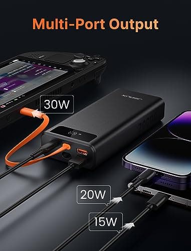 JSAUX Power Bank 20000mAh 65W with USB C Charging Cable, USB C Laptop Portable Charger PD3.0 External Battery Pack for Steam Deck, iPhone 17/16/15/14, MacBook Pro, iPad Pro, Galaxy S24, ROG Ally (X) 5