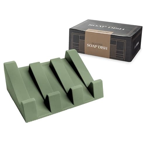 iSoapStone Silicone Soap Dish (USA Patented) Self Draining Bar Soap Holder for Shower Bathroom Sink, Drying Soap Dish Tray Kitchen Sponge Holder Easy Cleaning Soap Saver Mat (Eco Green, 1)