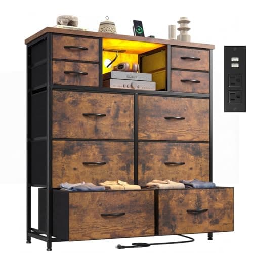 10 Drawers Dresser for Bedroom with Charging Station & LED Lights, Bedroom Dresser with 2 Open Wooden Shelves, Sturdy Deep Fabric Chest of Drawers Organizer Unit for Hallway, Dorm, Rustic Brown