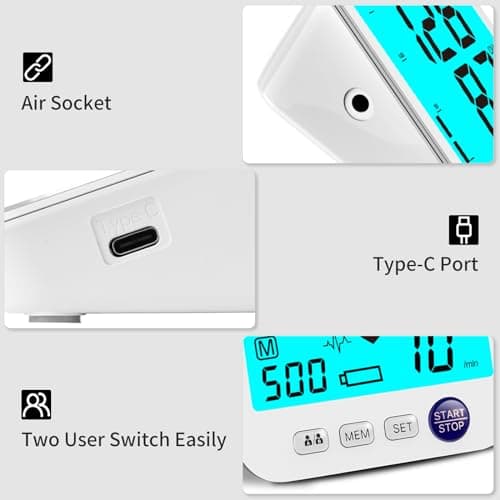 Blood Pressure Monitor Upper Arm Large LED Backlit Screen 1000 Sets Memory Automatic Digital BP Machine Adjustable BP Cuff 4 Batteries 5