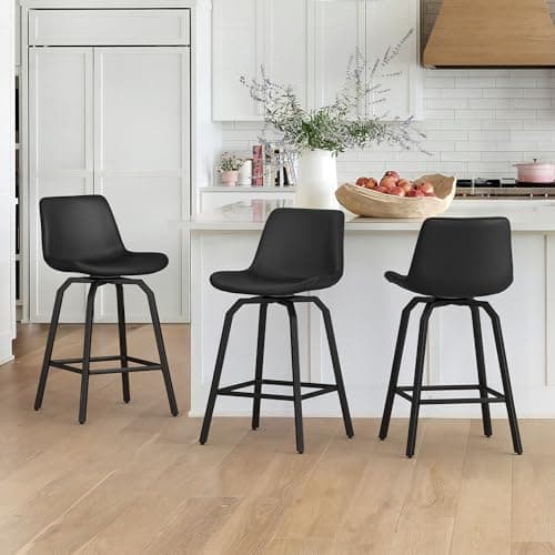 LUE BONA 360° Swivel Bar Stools Set of 3, 26 Inch Counter Height Bar Stools, Modern Faux Leather with Enlarged Seats, Metal Legs for Kitchen Island, Dining, Black