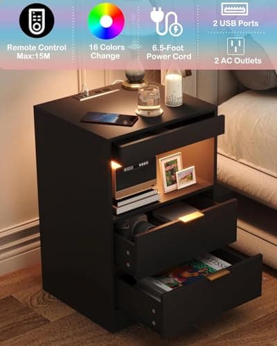 Yusong Night Stand, Bedside Table, LED Nightstand with Charging Station, Modern Night Stand, Wood Sofa Couch End Side Table with 2 Pull-Out Shelf (Black) 5