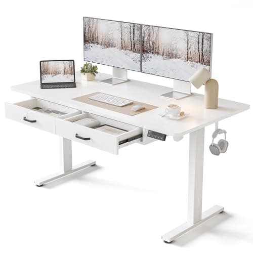 FEZIBO Standing Desk with Double Drawer, 55 x 24 Inches Adjustable Height Electric Stand up Desk, Ergonomic Workstation White Frame/White Top