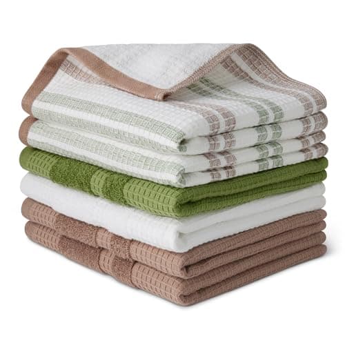 Amazon Basics Organic Cotton Waffle Kitchen Dish Towels - Ultra Absorbent, Quick Drying, Lint-Free, 15 x 25 inches, 6-Pack (2pc Olive Light/Brown Strip, 2pc Brown, 1pc Olive, 1pc White)