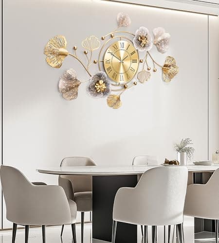 JXQXYN Clocks for Living Room, Large Wall Clock, 3D Silent Wall Clock, Retro Metal Ginkgo Leaf Design, for Bedroom Kitchen Decorative Wall Clocks（32''x18'' ） 5