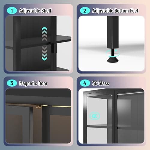 Eltean 71" H Display Cabinet with Glass Doors, 5 Tiers Curio Glass Display Cabinet with 3 Colors LED Sensor Light,Display Cabinets for Collectible with 4 Adjustable Shelves for Living Room,Bedroom 5