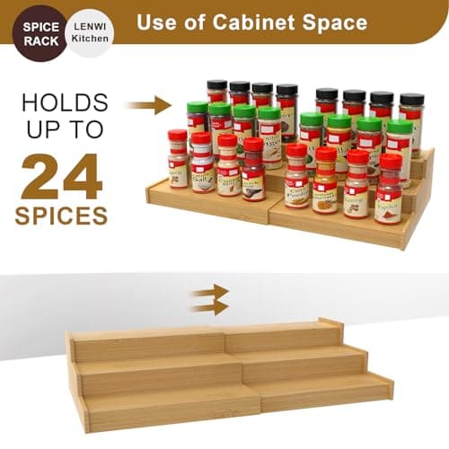 Lenwi Spice Rack Organizer for Cabinet, 3 Tier Expandable Bamboo Spice Storage for Kitchen Cupboard Pantry 7