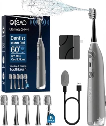 3-in-1 Upgraded Pro Flossing Toothbrush-Flosses, Vibrates and Oscillates(The 1st Tech), Electric Toothbrush with Water Flosser Equipe 5 Brush Heads, Plaque Removal for Braces-Dark Grey
