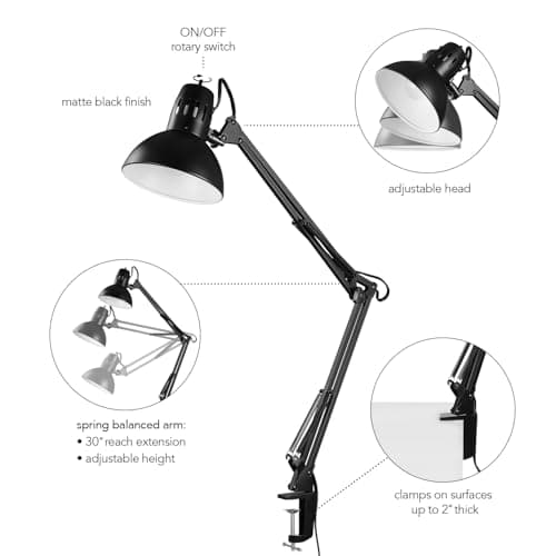 Globe Electric 56963 31.5" Multi-Joint Desk Lamp with Metal Clamp, Black, On/Off Rotary Switch on Shade, Partially Adjustable Swing Arm, Home Essentials, Reading Light, Office Décor 8