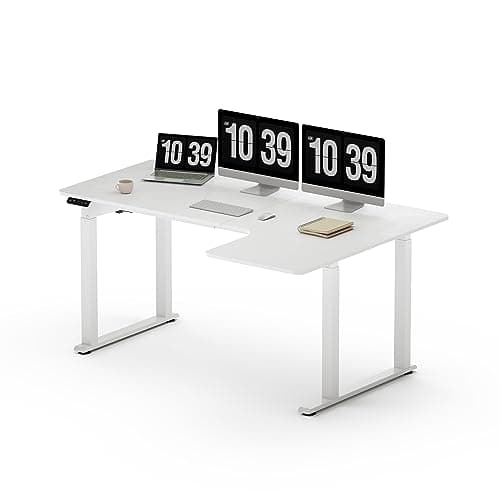 SANODESK L Shaped Standing Desk with Dual Motor 4-Leg Lift, Electric Height Adjustable Desk with Memory Presets for Home Office(63x43 Joint Boards,White)