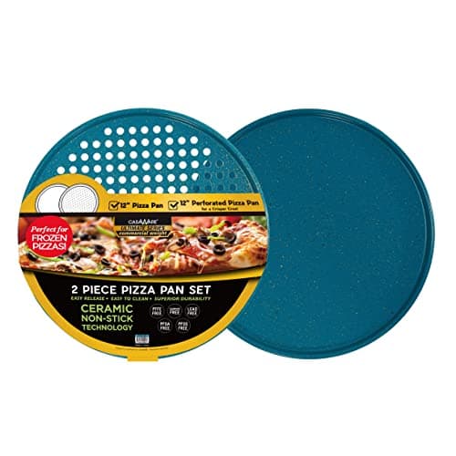 casaWare 2pc 12-inch Ultimate Pizza Pan Set, Nonstick, Ceramic Coated, (1) Solid, (1) Perforated (Blue Granite)