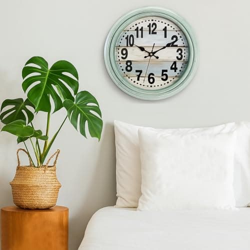 ZENFUN 12'' Rustic Wall Clock, Silent Non Ticking Clock Quartz Wall Clock Battery Operated, Country Style Wall Decoration for Kitchen Living Room Home, Office, School, Large Numbers, Green 9