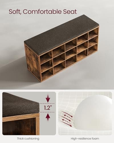 VASAGLE CUSTOS Collection - Shoe Bench, Storage Bench with Padded Seat, Entryway Bench with 15 Compartments, for Bedroom, 11.8 x 41.3 x 18.9 Inches, Rustic Brown and Chestnut Brown ULHS15BX 8