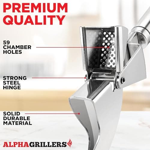 Alpha Grillers Garlic Press Stainless Steel - Easy to Clean, Rust-Proof, Dishwasher Safe - Stainless Steel Garlic Press, Mincer, Crusher with Silicone Peeler & Cleaning Brush 8