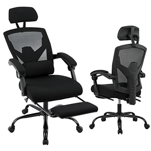 DUMOS Ergonomic Office Chair, Reclining High Back Mesh Computer Desk Swivel Rolling Home Task Chair with Lumbar Support Pillow, Adjustable Headrest, Retractable Footrest and Padded Armrests, Black